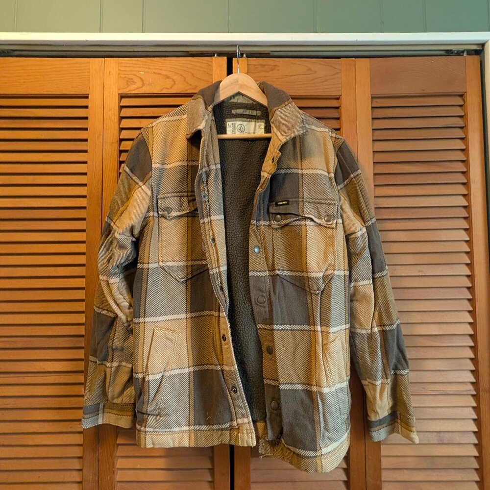 Vintage Y2K Volcom Plaid Jacket – Men’s Size Large – Tan Brown Yellow – 2000s